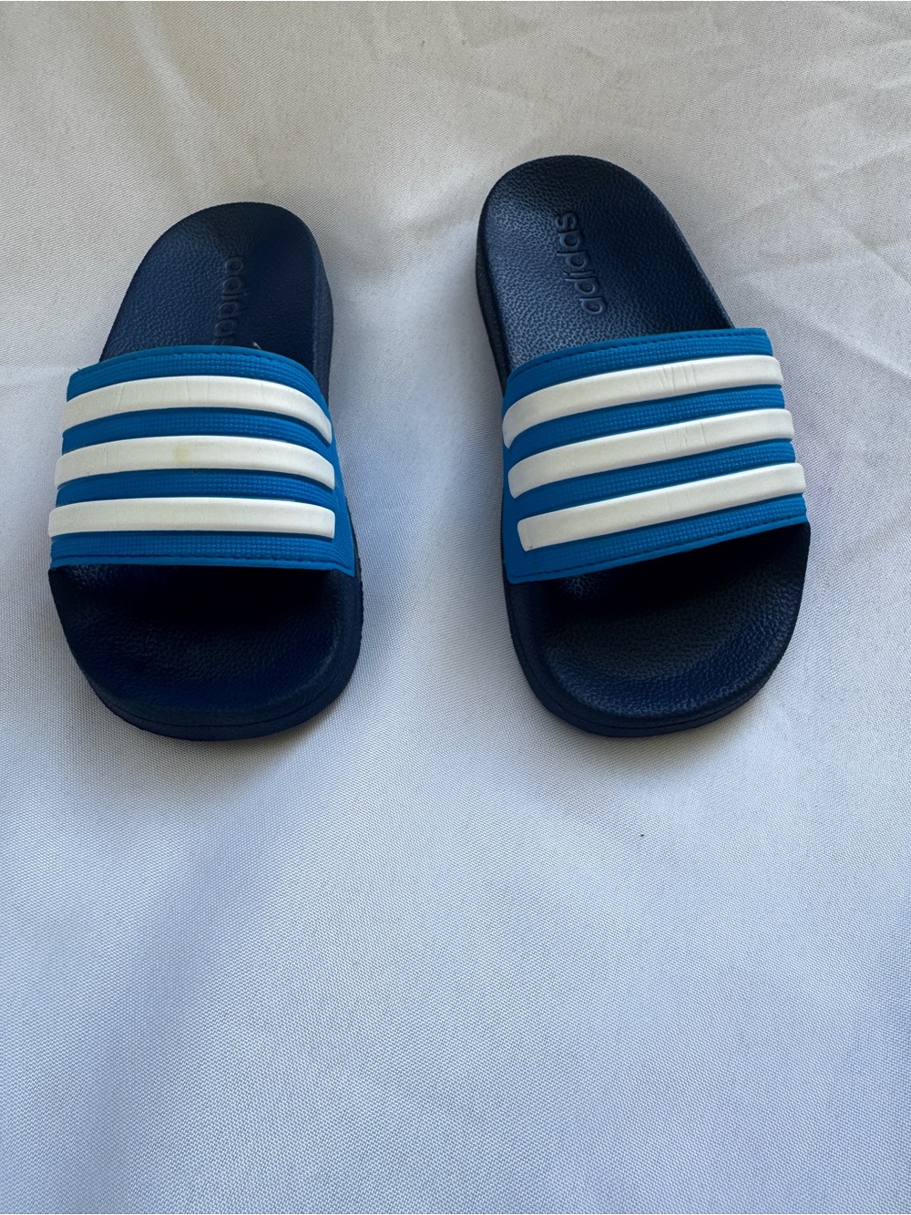 adidas Kids Slide Sandals in Navy and Blue with White Stripes